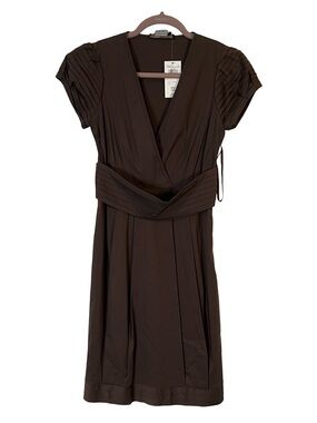 BCBGMaxAzria Brown Midi Wrap Dress Ruched Sleeves Size 2 Date Night